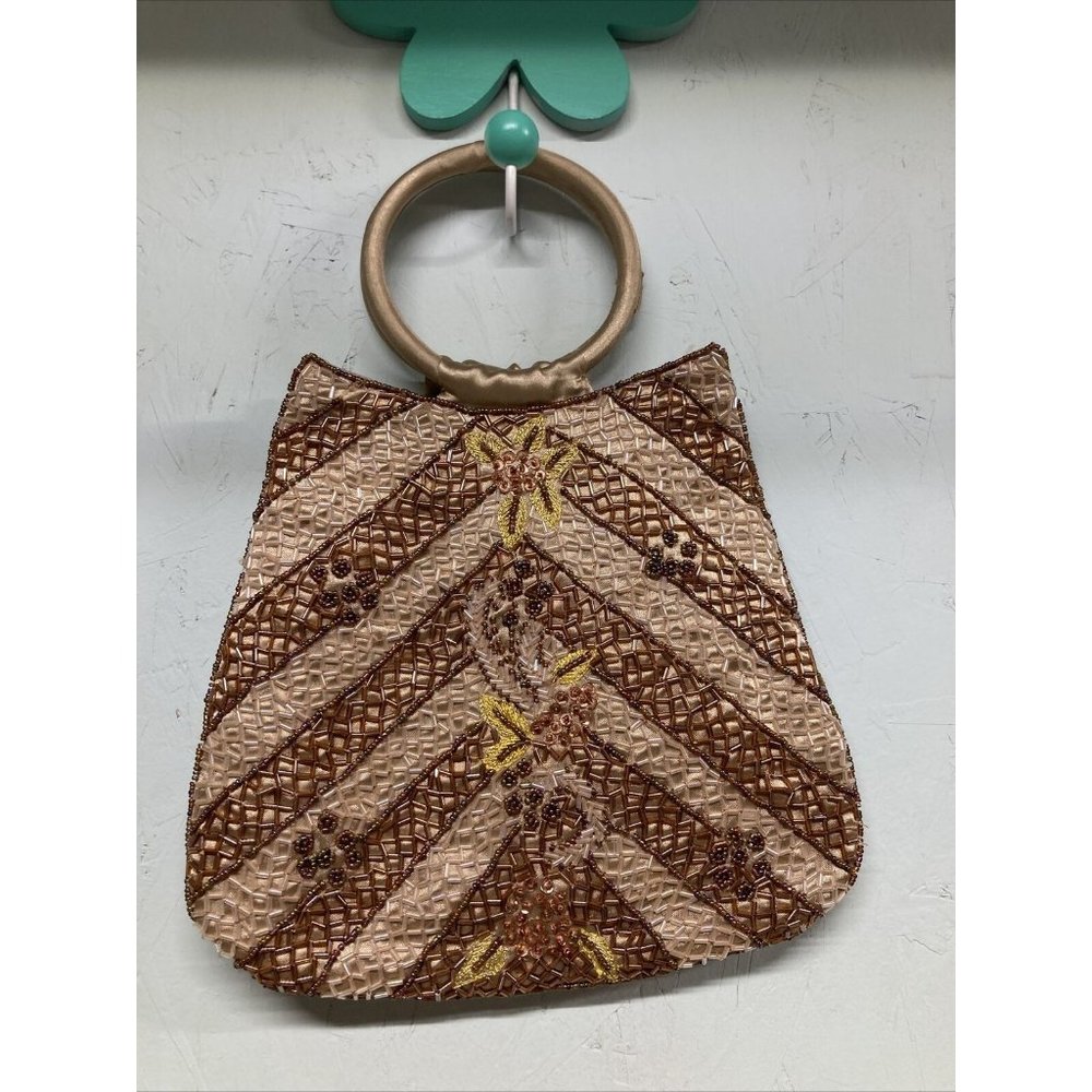 Handmade Tan Beaded Embroidered Satin Two Round Handles Evening Bag Purse